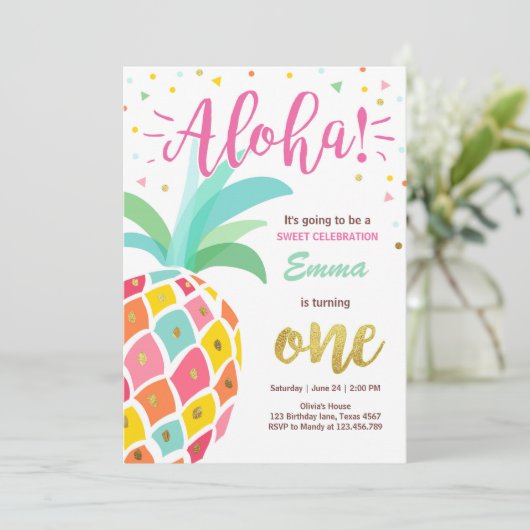 Uitnodiging voor ananas verjaardag Tropical Luau H (Staand voorkant)
