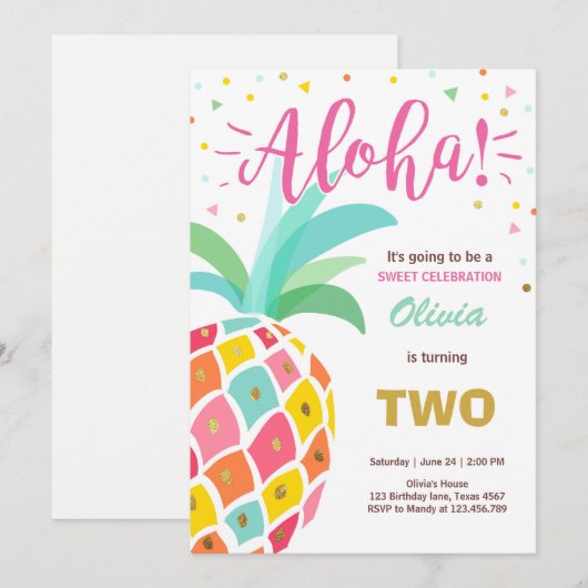 Uitnodiging voor ananas verjaardag Tropical Luau H (Voorkant / Achterkant)