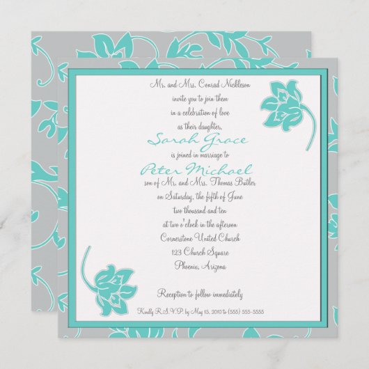 Uitnodiging voor Aqua & Grey Floral Square (Voorkant / Achterkant)