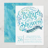 Uitnodiging voor Aqua Waterverf Baby shower (Voorkant / Achterkant)