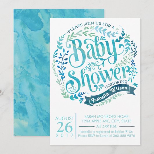 Uitnodiging voor Aqua Waterverf Baby shower (Voorkant / Achterkant)
