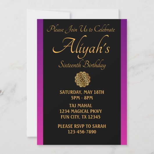 Uitnodiging voor Arabisch Nacht Paars en Zwart Fee (Achterkant)