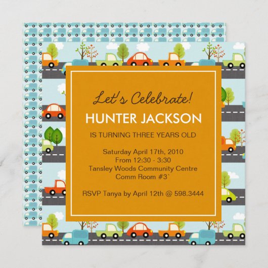 Uitnodiging voor auto's en vrachtwagens van Birthd (Voorkant / Achterkant)