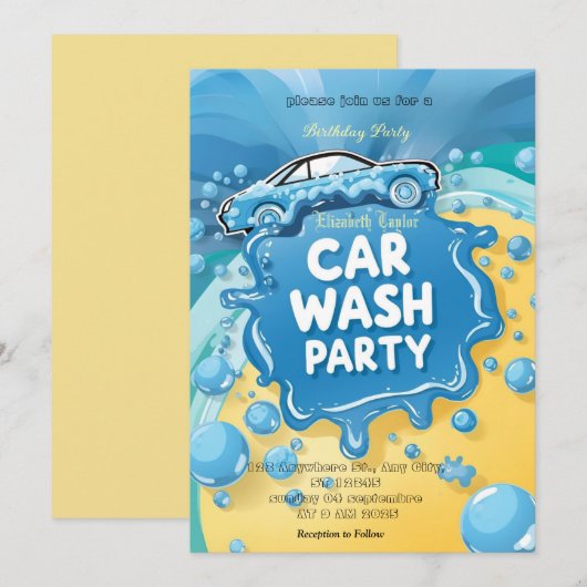 Uitnodiging voor autowasfeest – Schuimfeest (Voorkant / Achterkant)