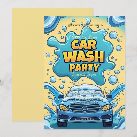 Uitnodiging voor autowasfeest – Schuimfeest (Voorkant / Achterkant)