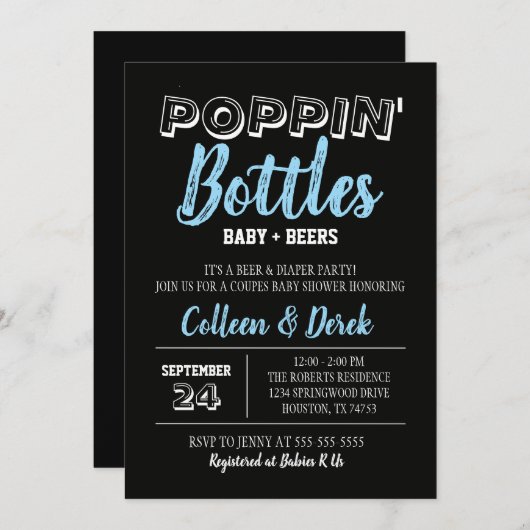 Uitnodiging voor baby- en bierschoeisel | Zwart-bl (Voorkant / Achterkant)