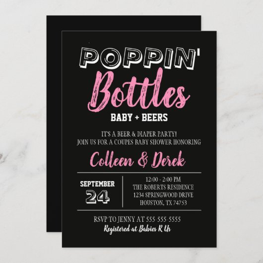 Uitnodiging voor baby- en bierschoeisel | Zwart-ro (Voorkant / Achterkant)