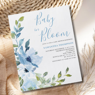 Uitnodiging voor baby in bloei budget blauwe bloem flyer