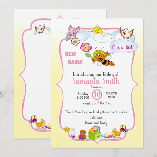 Uitnodiging voor baby introductie, meisje (Voorkant / Achterkant)