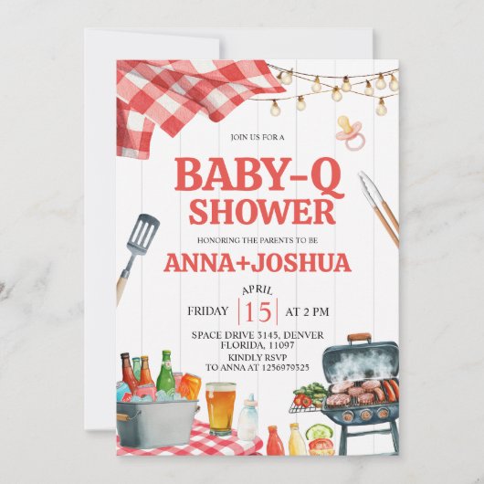 Uitnodiging voor Baby-Q Shower met rode Gingham (Voorkant)