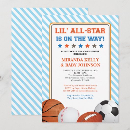 Uitnodiging voor Baby shower, All Star Sports (Voorkant / Achterkant)