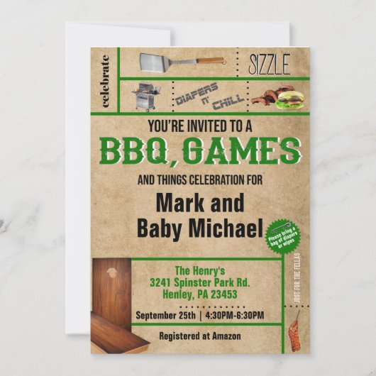 Uitnodiging voor Baby shower BBQ & Games Dads (Voorkant)