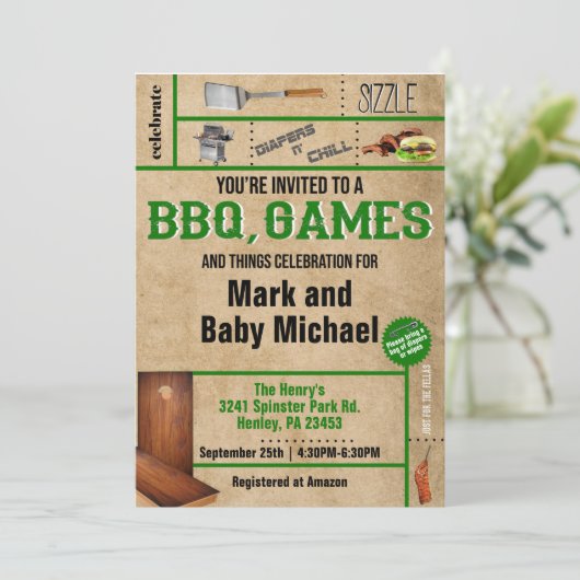 Uitnodiging voor Baby shower BBQ & Games Dads (Staand voorkant)