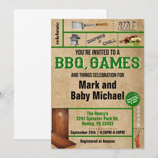 Uitnodiging voor Baby shower BBQ & Games Dads (Voorkant / Achterkant)