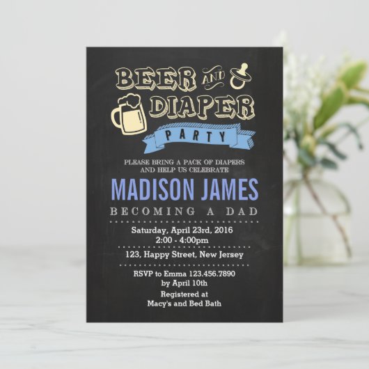 Uitnodiging voor baby shower. Bier en luier (Staand voorkant)