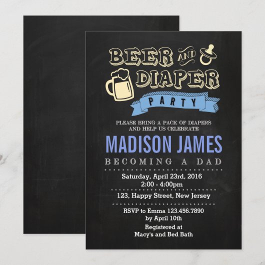 Uitnodiging voor baby shower. Bier en luier (Voorkant / Achterkant)