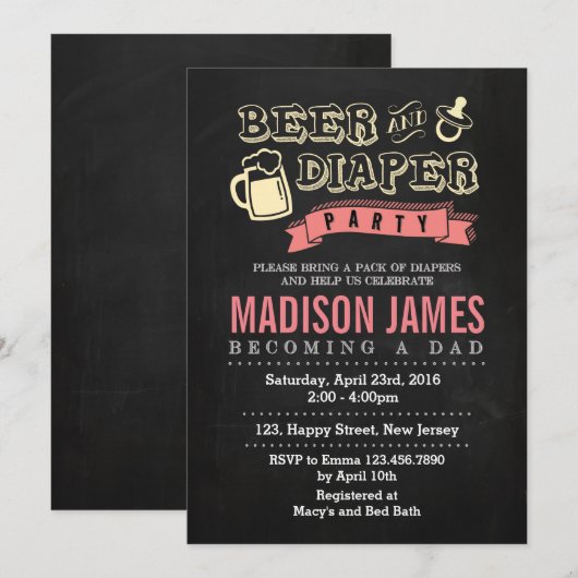 Uitnodiging voor baby shower. Bier en luier (Voorkant / Achterkant)