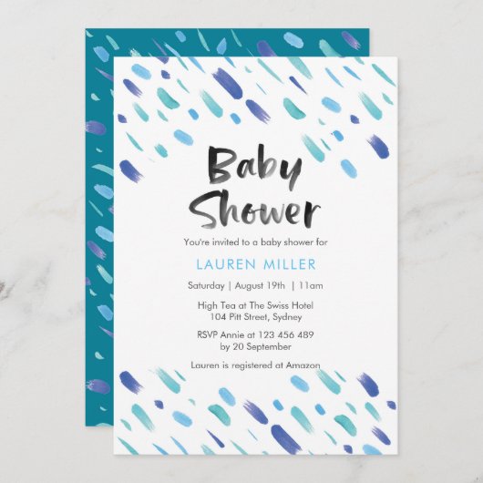 uitnodiging voor baby shower | Blauwe abstracte ve (Voorkant / Achterkant)