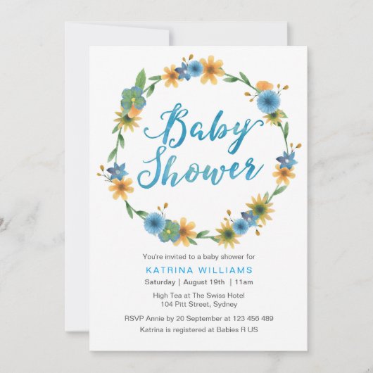 uitnodiging voor baby shower | Blauwe waterverf (Voorkant)