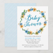 uitnodiging voor baby shower | Blauwe waterverf (Voorkant / Achterkant)