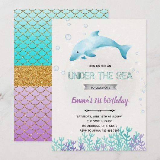 Uitnodiging voor baby shower Dolphin (Voorkant / Achterkant)