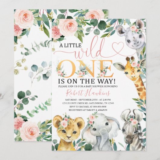 Uitnodiging voor Baby shower Editable Girl Safari (Voorkant / Achterkant)