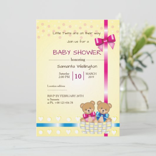 Uitnodiging voor baby shower, er is een tweeling (Staand voorkant)