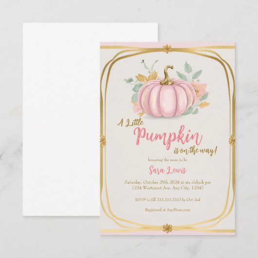 Uitnodiging voor baby shower: Fall Pink Pumpkin (Voorkant / Achterkant)