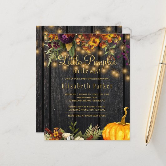 Uitnodiging voor baby shower herfst najaar begroti (Voorkant / Achterkant in situ)