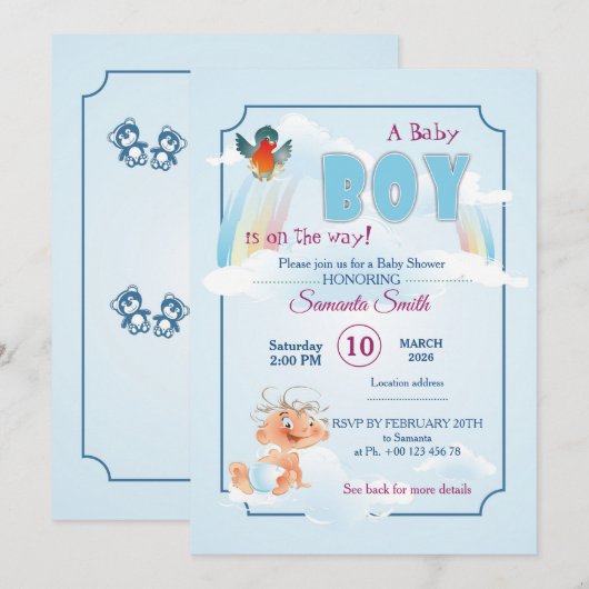 Uitnodiging voor baby shower, het is een jongen (Voorkant / Achterkant)