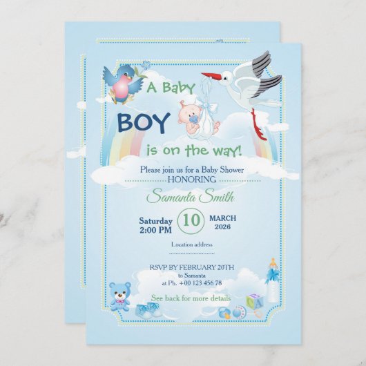 Uitnodiging voor baby shower, het is een jongen (Voorkant / Achterkant)