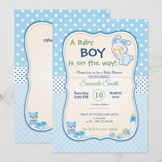 Uitnodiging voor baby shower, het is een jongen (Voorkant / Achterkant)