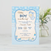 Uitnodiging voor baby shower, het is een jongen (Staand voorkant)