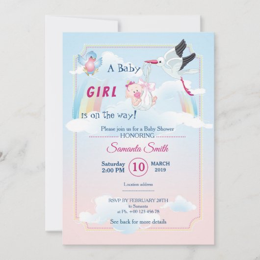 Uitnodiging voor baby shower, het is een meisje (Voorkant)
