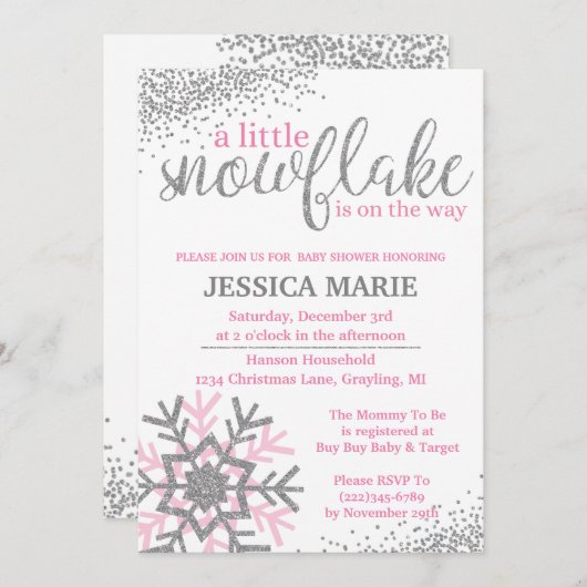 Uitnodiging voor Baby shower in de winter - Roze S (Voorkant / Achterkant)