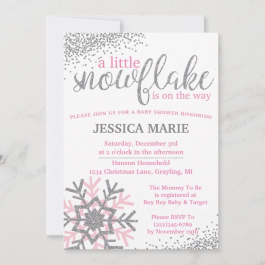 Uitnodiging voor Baby shower in de winter - Roze S (Voorkant)
