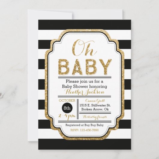 Uitnodiging voor Baby shower in zwart-wit en goud (Voorkant)