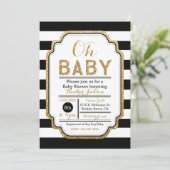 Uitnodiging voor Baby shower in zwart-wit en goud (Staand voorkant)