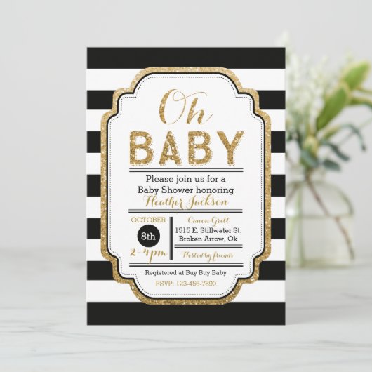 Uitnodiging voor Baby shower in zwart-wit en goud (Staand voorkant)