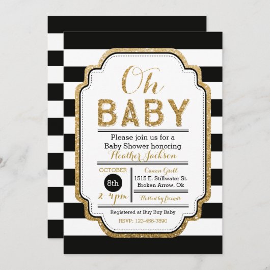 Uitnodiging voor Baby shower in zwart-wit en goud (Voorkant / Achterkant)