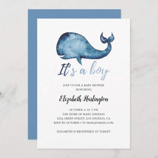 Uitnodiging voor baby shower. Jongen. Uitnodiging  (Voorkant / Achterkant)