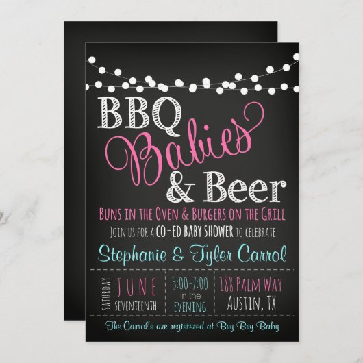 Uitnodiging voor baby shower met BBQ Babies en Bee (Voorkant / Achterkant)