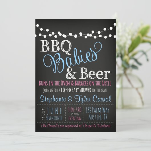 Uitnodiging voor baby shower met BBQ Babies en Bee (Staand voorkant)