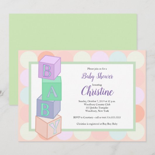 Uitnodiging voor baby shower met blokken (Voorkant / Achterkant)