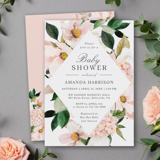 Uitnodiging voor baby shower met Blush Hydrangea