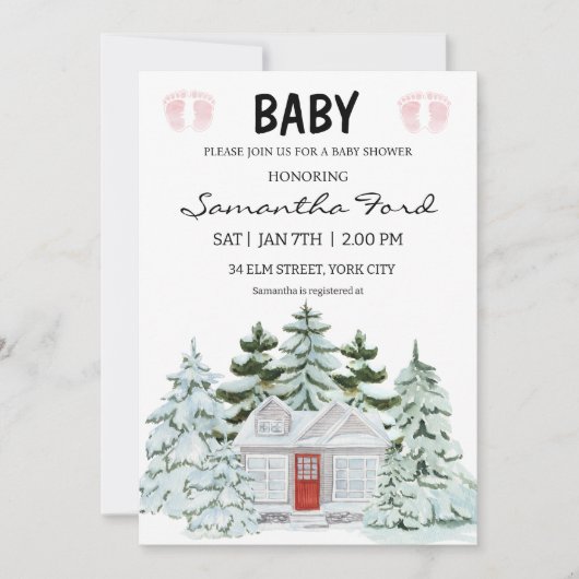 Uitnodiging voor Baby shower met een winterthema (Voorkant)