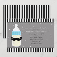 Uitnodiging voor baby shower met fles en snor mode