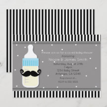 Uitnodiging voor baby shower met fles en snor mode