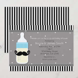 Uitnodiging voor baby shower met fles en snor mode