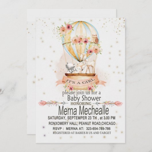 uitnodiging voor baby shower met heteluchtballon (Voorkant / Achterkant)